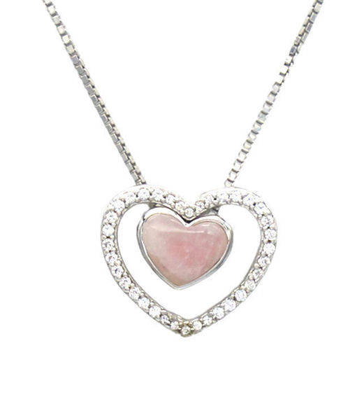 Picture of 2-in-1 Rose Quartz w/ CZ Hearts Intertwined 925 Sterling Silver Necklace